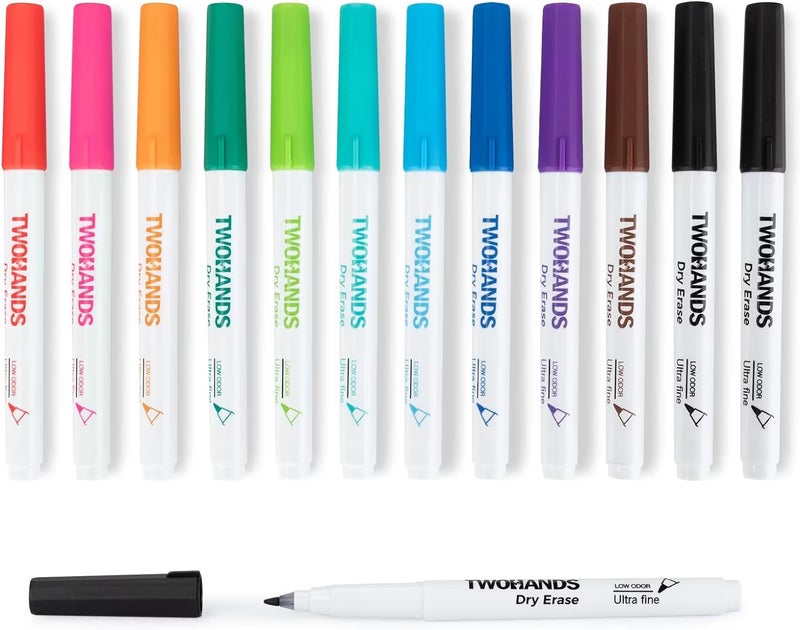 TWOHANDS Dry Erase Markers Ultra Fine Tip,0.7mm,Low Odor,Extra Fine Point,11 Assorted Colors,Whiteboard Markers for School,Office,Home,or Planning Whiteboard,12 Count,20529 - Image 1